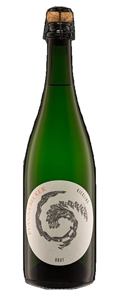 Grüne Sektflasche mit Etikett, Aufschrift 'Riesling Brut' und Korken.
