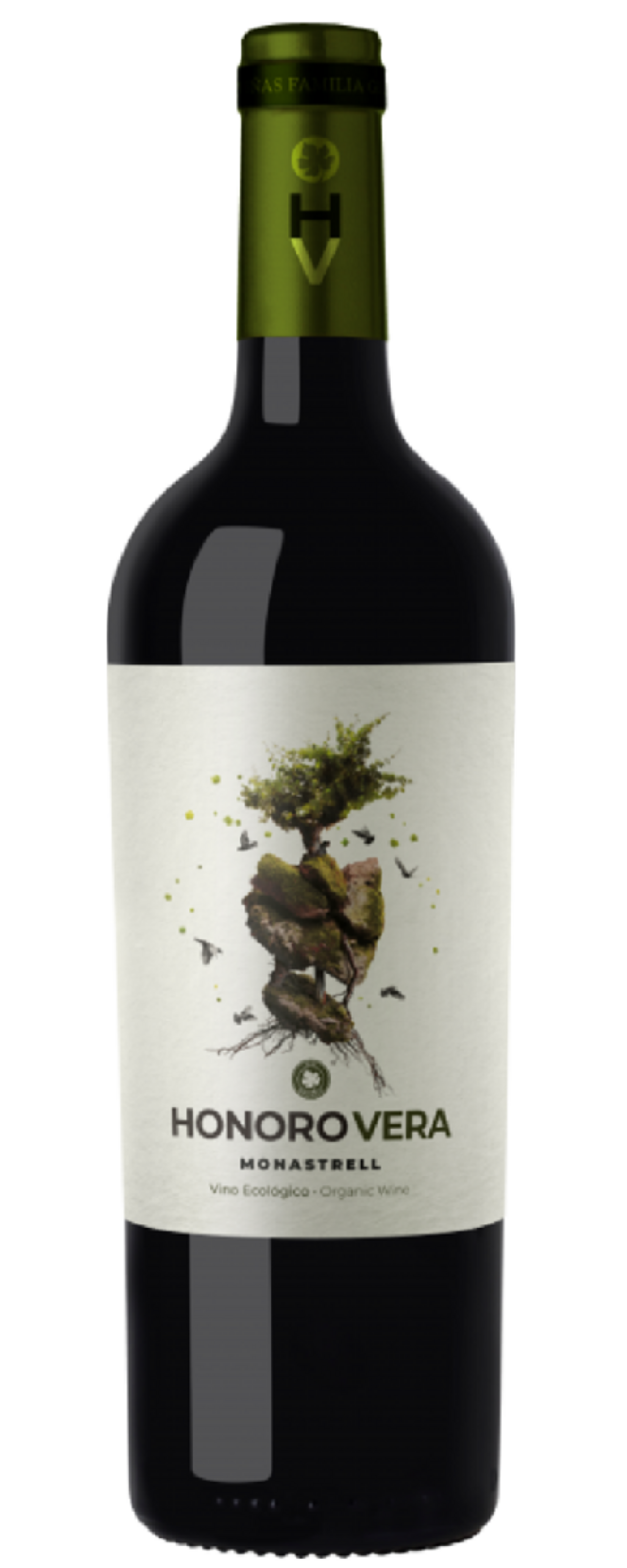 Wein Honoro Vera Monastrell, Bio-Wein, Flasche mit Baum-Design und Vögeln