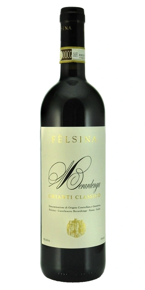 Eine Flasche Rotwein von Felsina Chianti Classico mit gelbem Etikett.