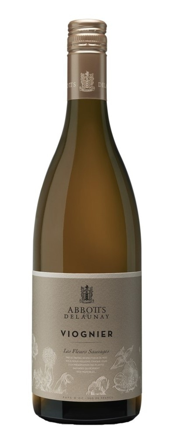 Eine Flasche Viognier-Wein von Abbots Delaunay, Les Fleurs Sauvages, Pays d'Oc, Frankreich.