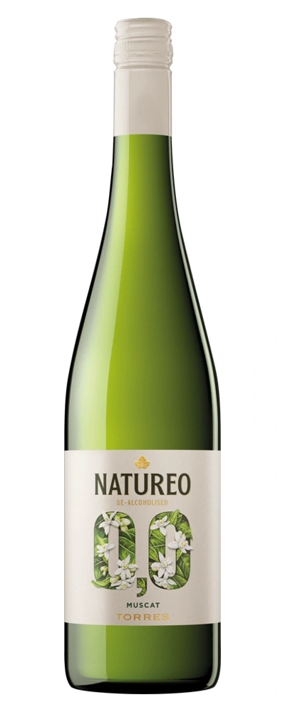 Eine Flasche Natureo 0,0 Muscat Torres Wein mit einem Etikett, das Blumen und Blätter zeigt.