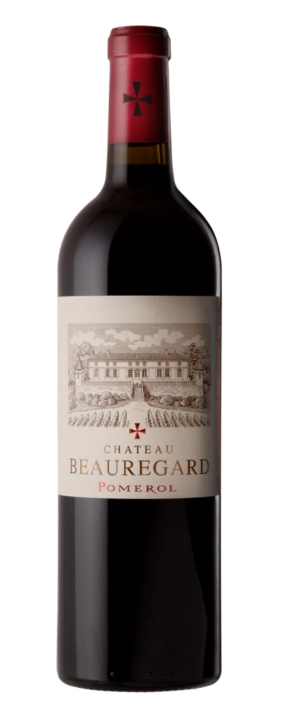 Eine Flasche Rotwein von Chateau Beauregard Pomerol mit rotem Kapsel und Etikett.