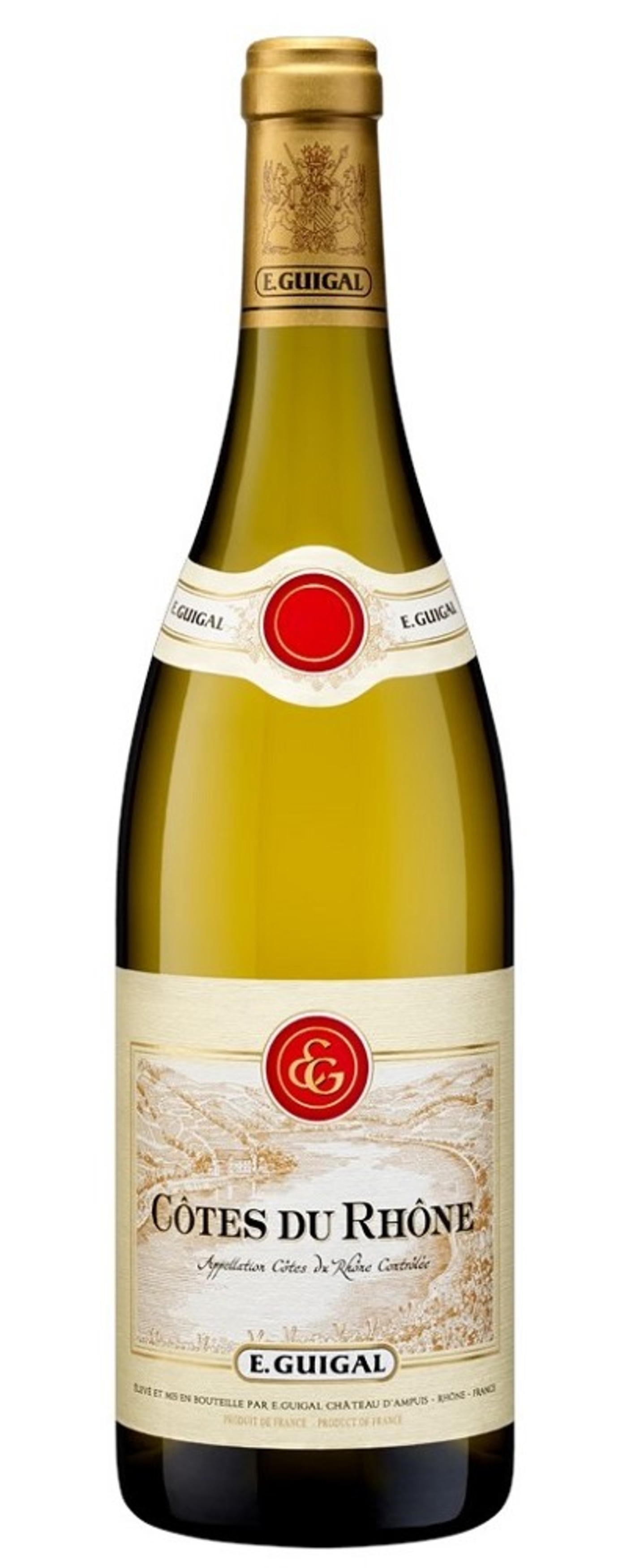 Weinflasche Côtes du Rhône von E. Guigal, goldene Kappe, rotes Etikett, französischer Wein