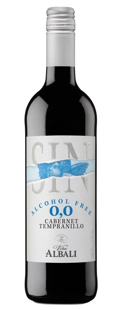 Wein-Flasche mit der Aufschrift 'Sin Alcohol 0,0 Cabernet Tempranillo' und einem Engel-Motiv