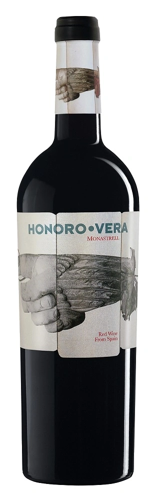 Wein Honoro Vera Monastrell, Rotwein aus Spanien, Flasche, Etikett, Hand