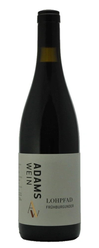 Wein-Flasche mit Etikett, Aufschrift Adams Wein Lohpfad Frühburgunder