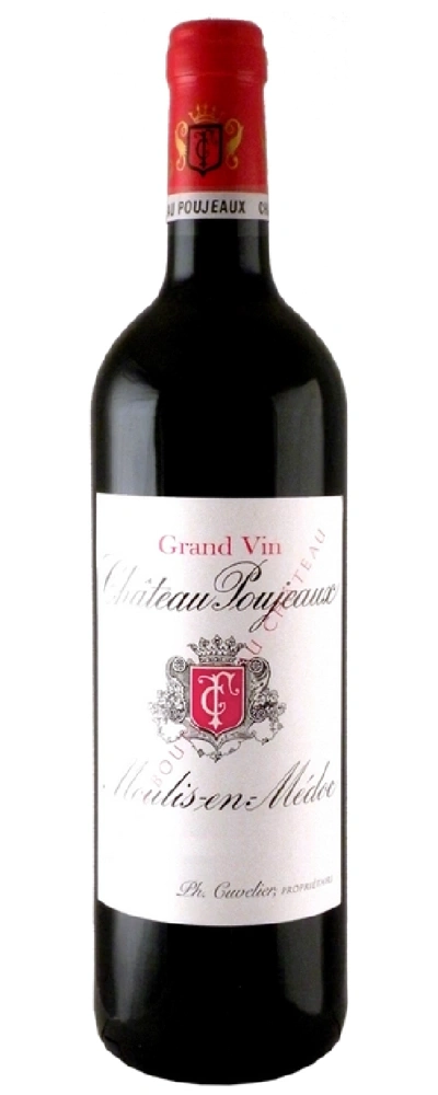 Eine Flasche Rotwein von Château Poujeaux, Moulis-en-Médoc.