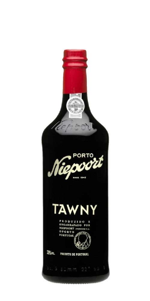 Niepoort Tawny Porto Wein in einer dunklen Flasche mit roter Kappe und Etikett.