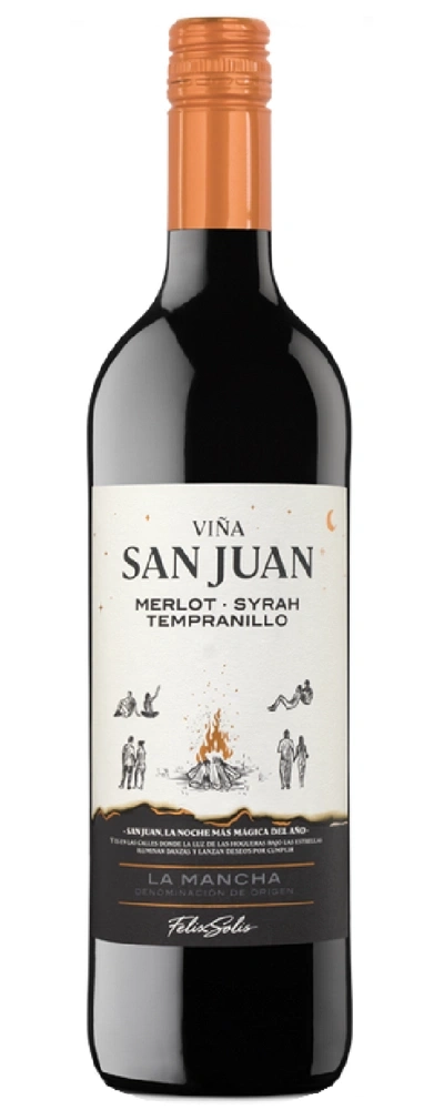 Eine Flasche Rotwein mit dem Etikett 'Viña San Juan Merlot Syrah Tempranillo'.