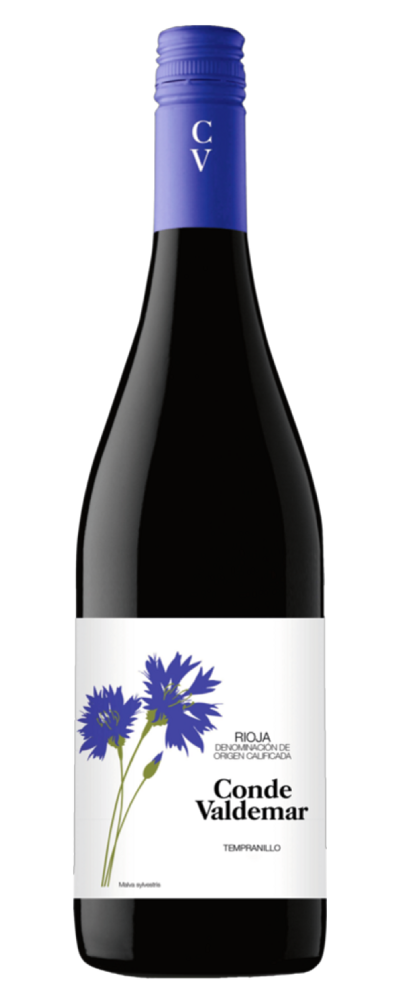 Wein-Flasche mit blauem Verschluss und Etikett mit Blumen und Text 'Conde Valdemar'