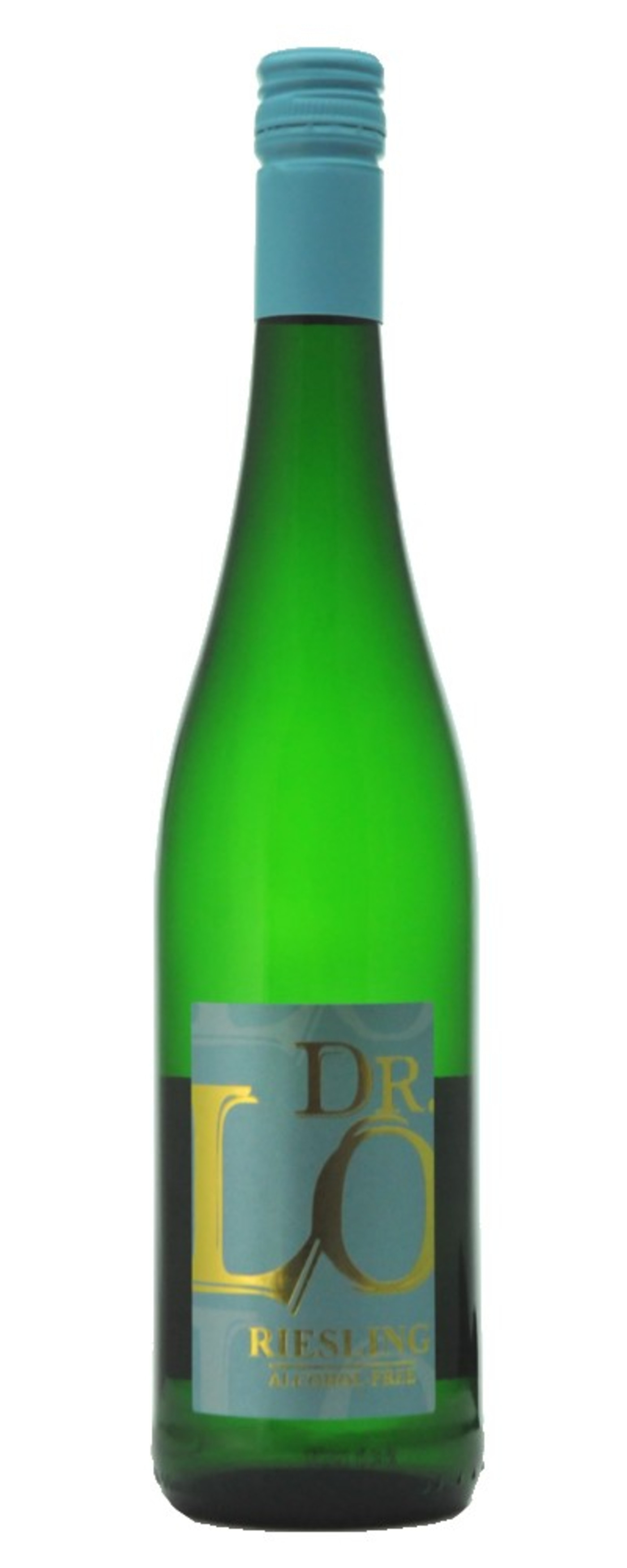 Grüne Weinflasche mit blauem Verschluss und Etikett mit Aufschrift 'DR. LO' Riesling