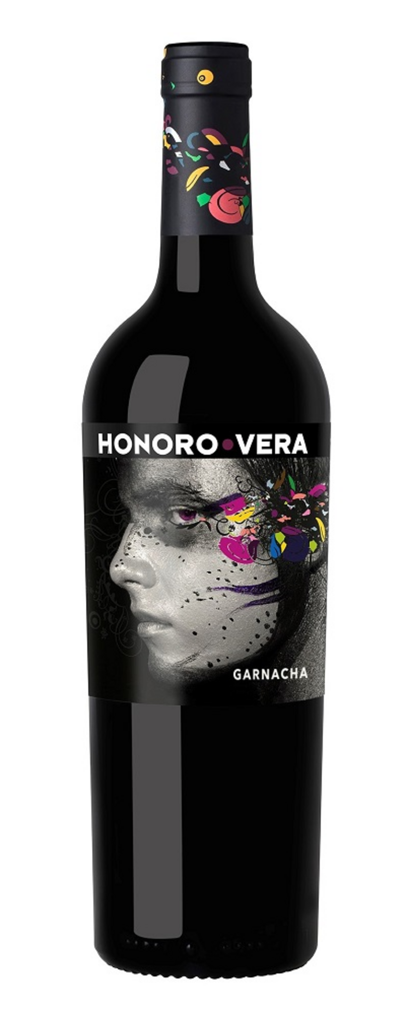 Wein Honoro Vera Garnacha, schwarze Flasche, Gesicht, farbige Details, Etikett