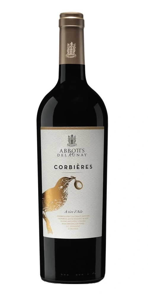 Eine Flasche Rotwein von Abbotts Delaunay Corbières mit goldenem Vogelmotiv