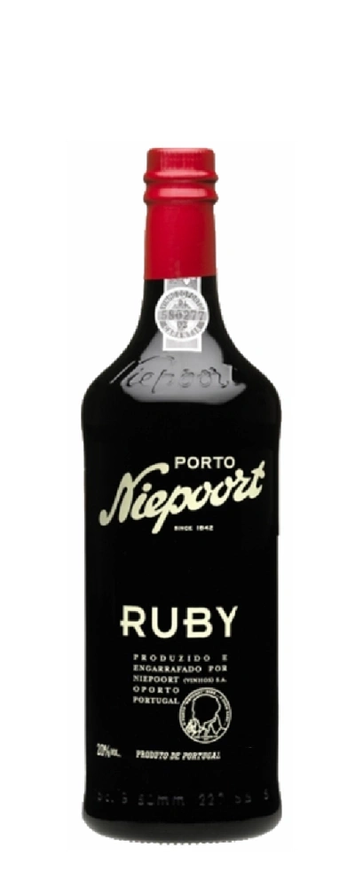 Flasche eines roten Portweins, mit Beschriftung von Niepoort Porto Ruby.
