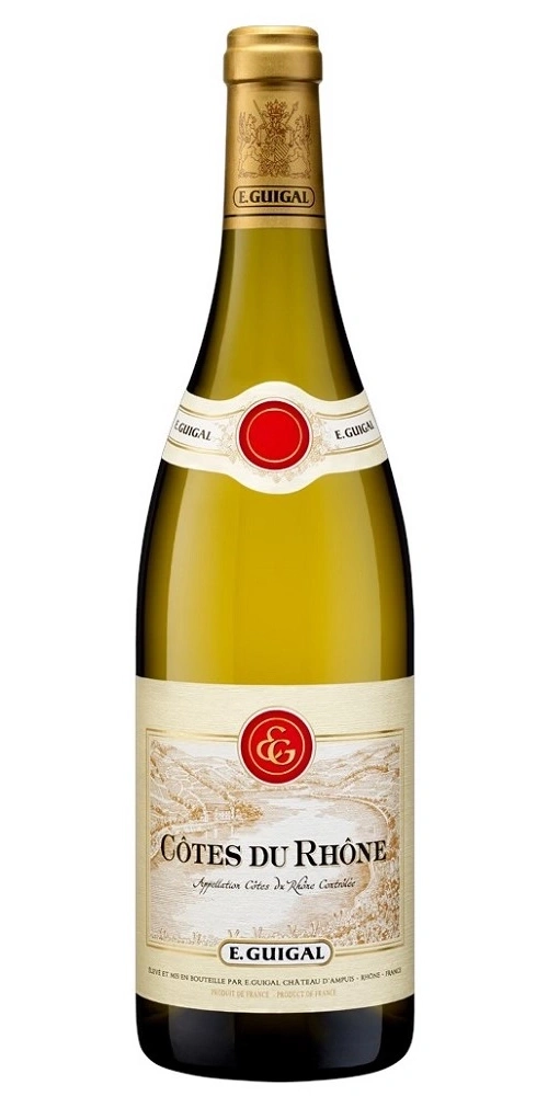 Eine Flasche E. Guigal Côtes du Rhône Wein.