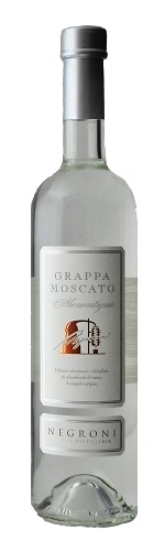 Grappa Moscato Negroni Flasche, klar, mit silbernem Verschluss und Etikett