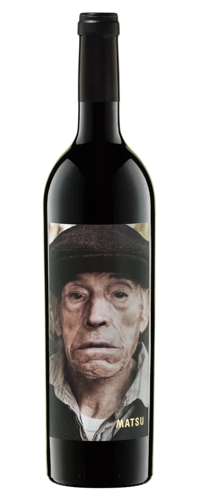 Wein-Flasche mit dem Gesicht eines alten Mannes, MATSU-Etikett.