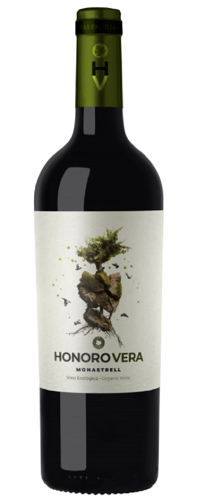 Wein Honoro Vera Monastrell, Bio-Wein, Flasche mit Baum-Design und Vögeln