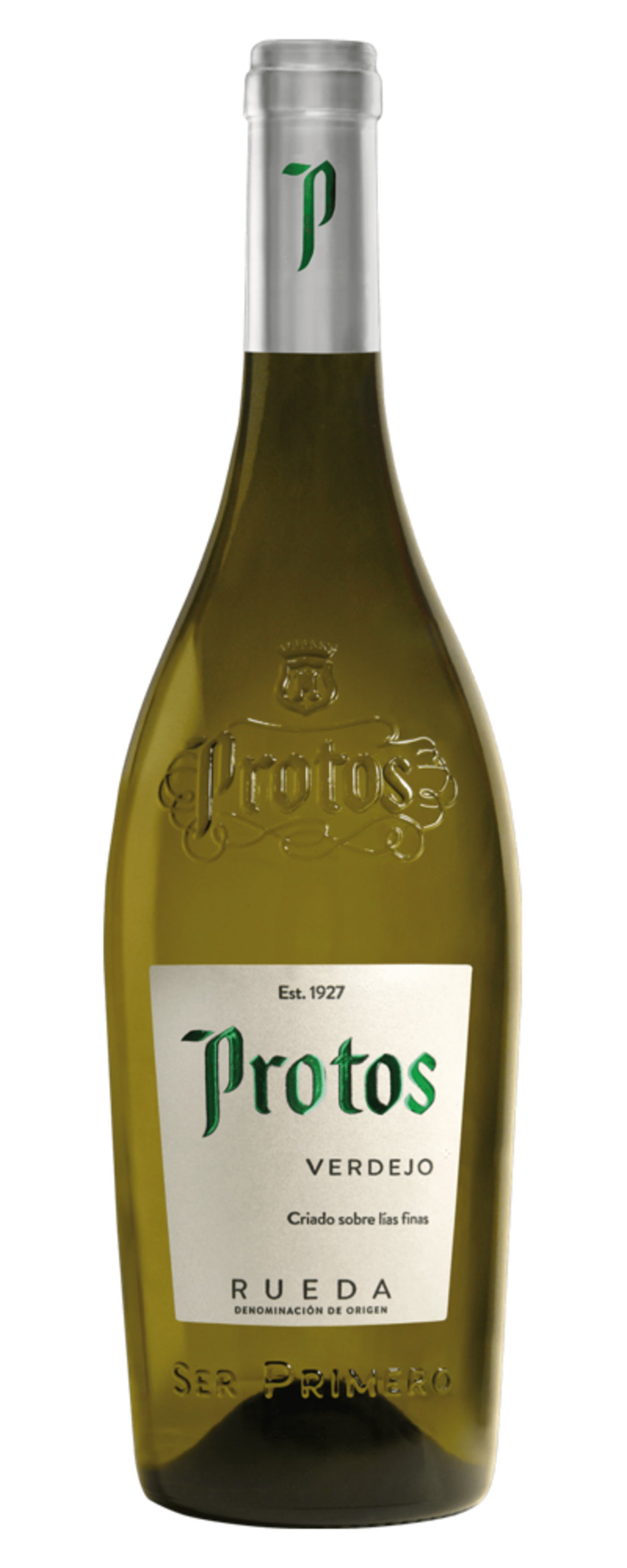 Weinflasche Protos Verdejo, weißes Etikett, Schriftzug, Logo, grün, Rueda, Est. 1927, SER PRIMERO