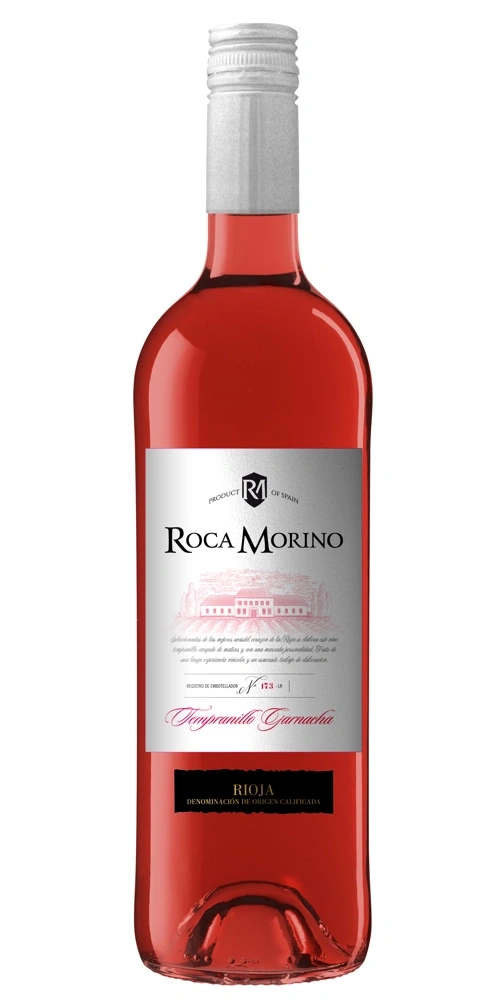 Eine Flasche Roca Morino Roséwein aus Spanien, mit Etikett