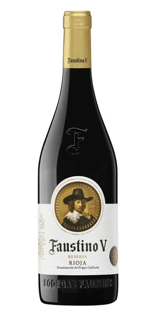Faustino V Rioja Reserva Rotwein Flasche mit goldenem Etikett und Siegel.