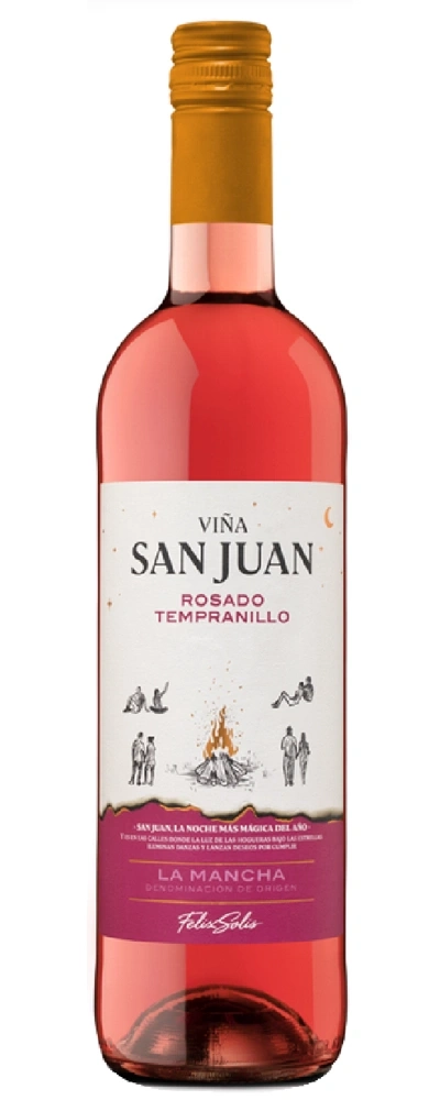 Eine Flasche Roséwein mit dem Etikett "Viña San Juan" und einer Darstellung eines Lagerfeuers.
