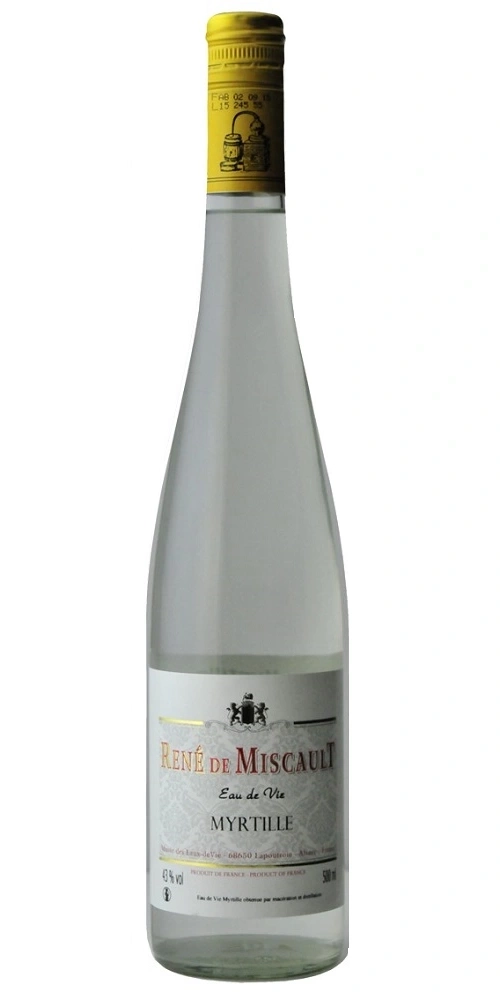 Eine Flasche "René de Miscauli" Myrtille Eau de Vie, 40% Vol, 500ml.