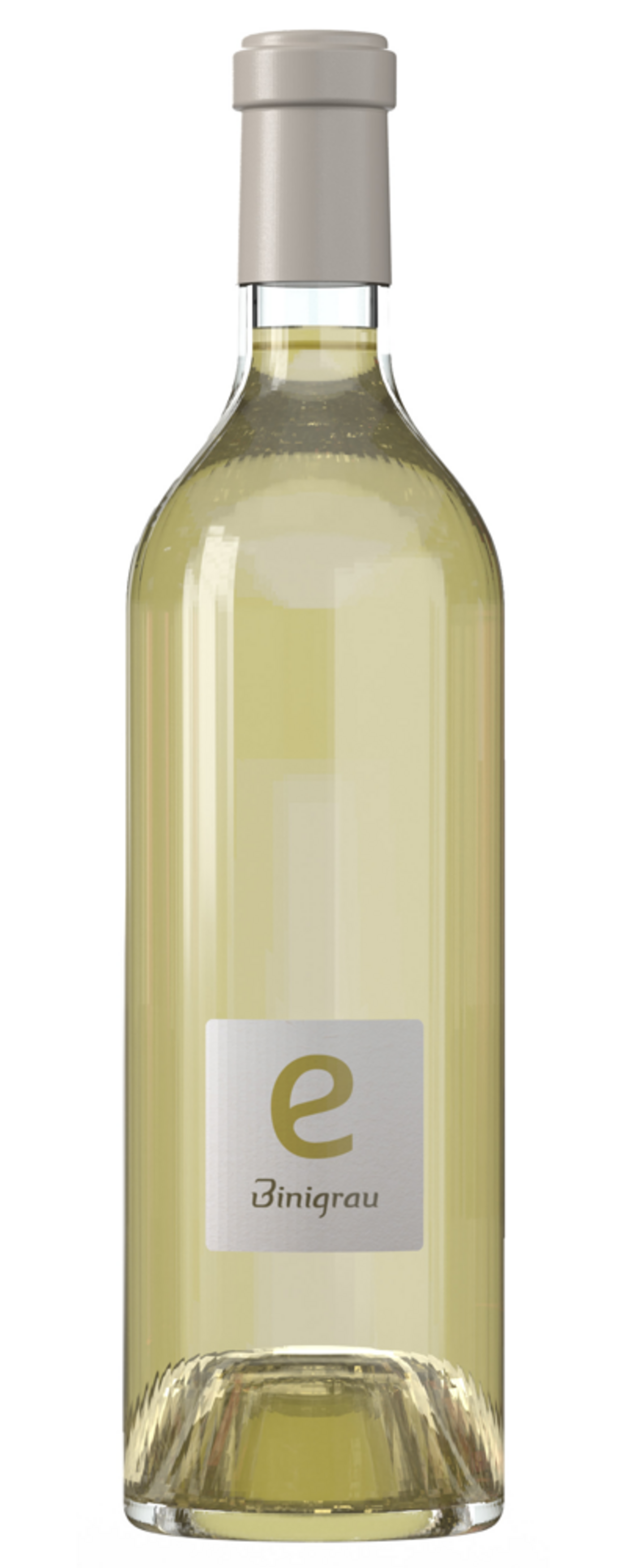 Eine Flasche Weißwein mit einem Etikett mit dem Wort 'Binigrau'.
