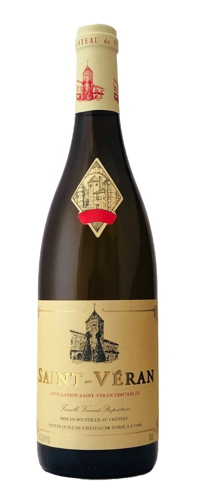 Weinflasche Saint-Veran, Etikett mit Schloss, goldene Schrift, französischer Wein, Château de Fuisse