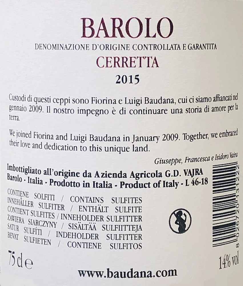 Wein-Etikett mit Barolo, Cerretta, 2015, enthält Sulfite, 14% vol, www.baudana.com