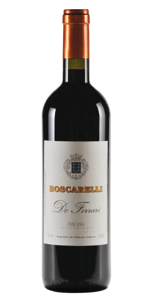 Rotweinflasche von Boscarelli De Ferrari Toscana mit roten Kappe