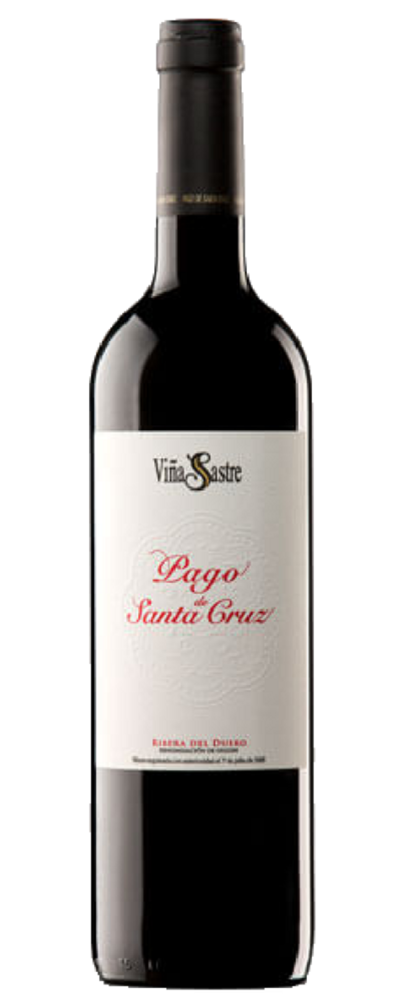 Wein-Flasche mit rotem Wein, Etikett mit 'Pago Santa Cruz' und 'Viña Sastre'