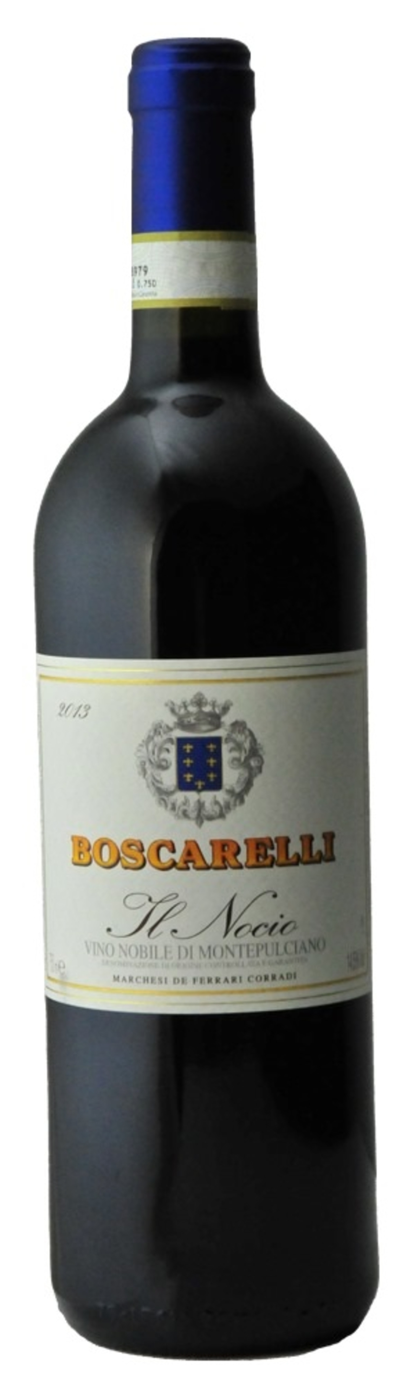 Wein-Flasche mit blauem Verschluss, Etikett mit Aufschrift 'Boscarelli Il Nocio'