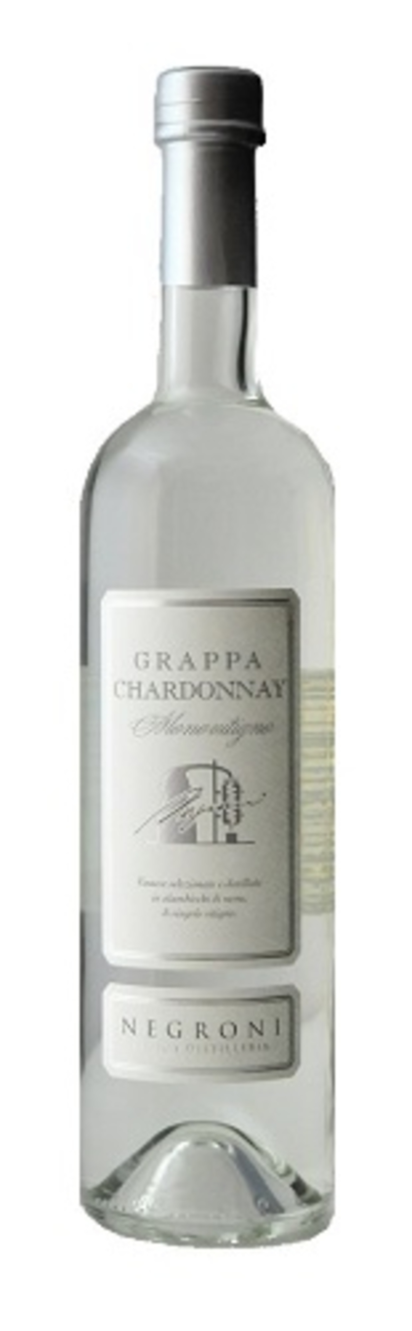 Grappa Chardonnay Negroni Flasche, klar, mit silbernem Verschluss und Etikett