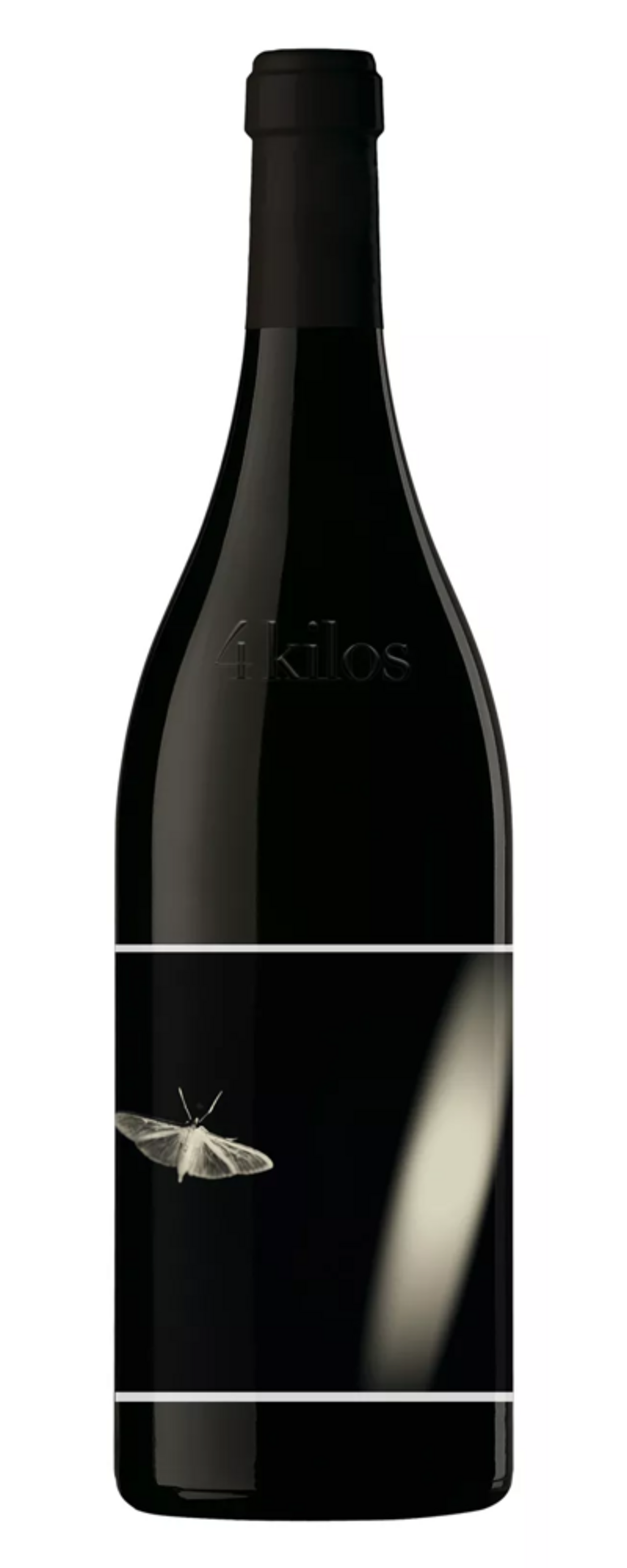 Wein-Flasche mit schwarzem Etikett, Inschrift '4 Kilos' und einem Schmetterling