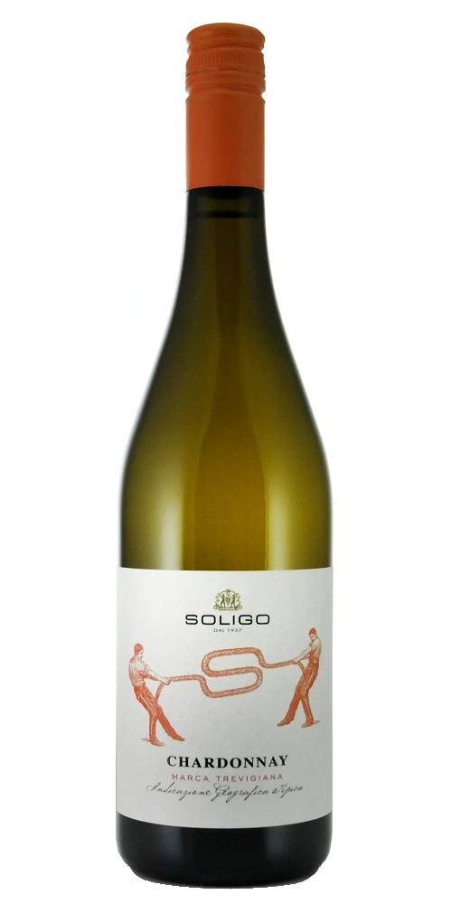 Eine Flasche Soligo Chardonnay mit Etikett und Zuggamer-Illustration.