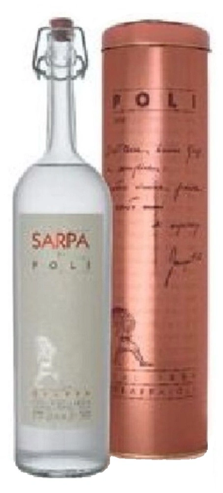 Flasche Sarpa Poli Grappa mit Dose, Glasflasche mit Verschluss und Dose
