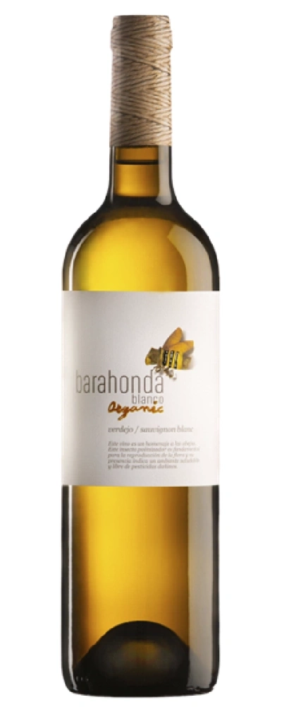 Eine Flasche Barahonda Organic Weißwein mit Bienenmotiv.