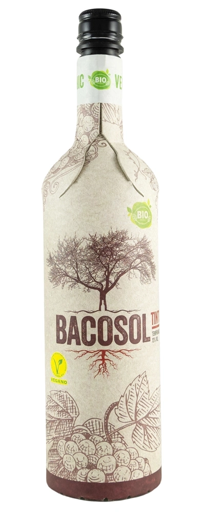 Flasche Wein mit Baum- und Traubenmotiv, Bio und Vegan Siegel