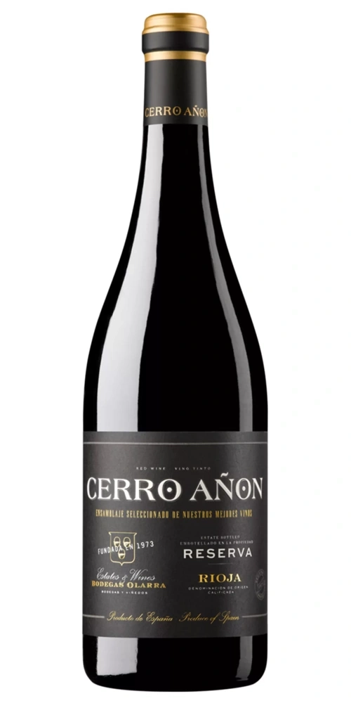 Eine dunkle Flasche Rotwein mit dem Etikett "Cerro Añon Reserva".