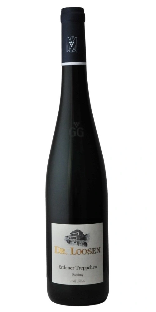 Flasche Rotwein mit Etikett Dr. Loosen Erdenen Treppchen Riesling. Eine Weinburg ist abgebildet.