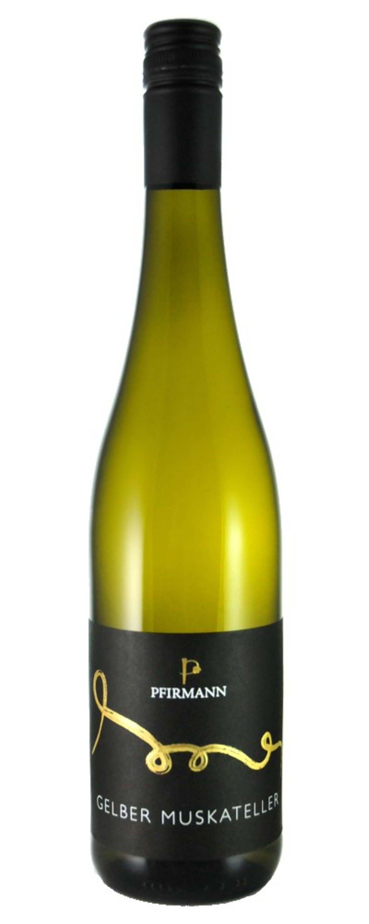 Weinflasche mit schwarzem Etikett und goldener Schrift, Gelber Muskateller.
