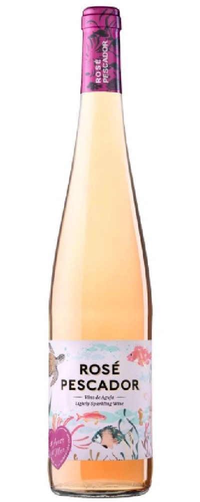 Eine Flasche Rosé Pescador Wein mit einem Etikett, das Meereslebewesen zeigt.