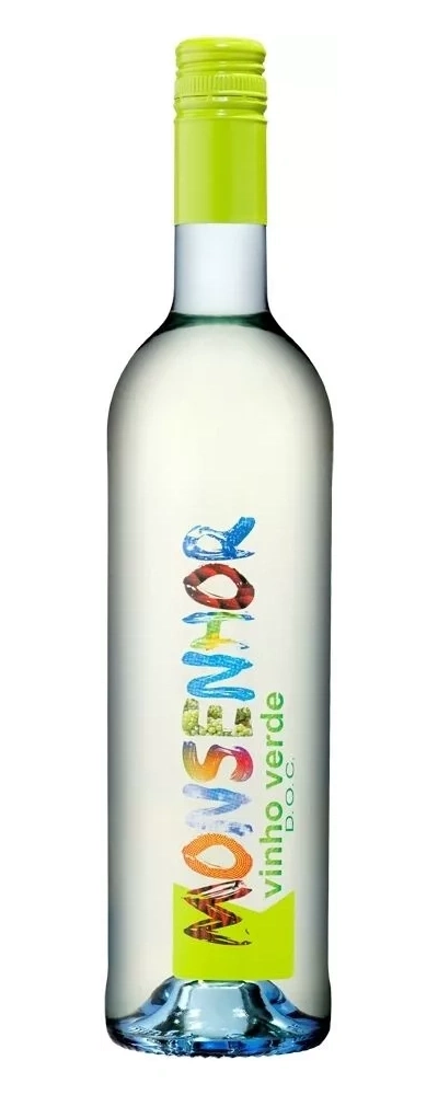 Flasche weißer Wein mit bunten Buchstaben und Aufschrift 'vinho verde'