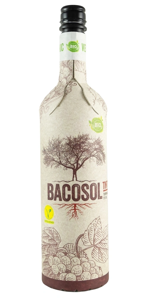 Flasche mit "Bacosol" Rotwein-Etikett, Baum und Trauben.