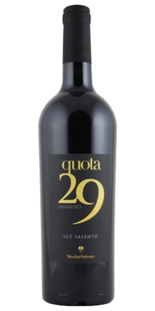 Schwarze Weinflasche mit einem goldenen Etikett und der Aufschrift "quota 29 Primitivo"