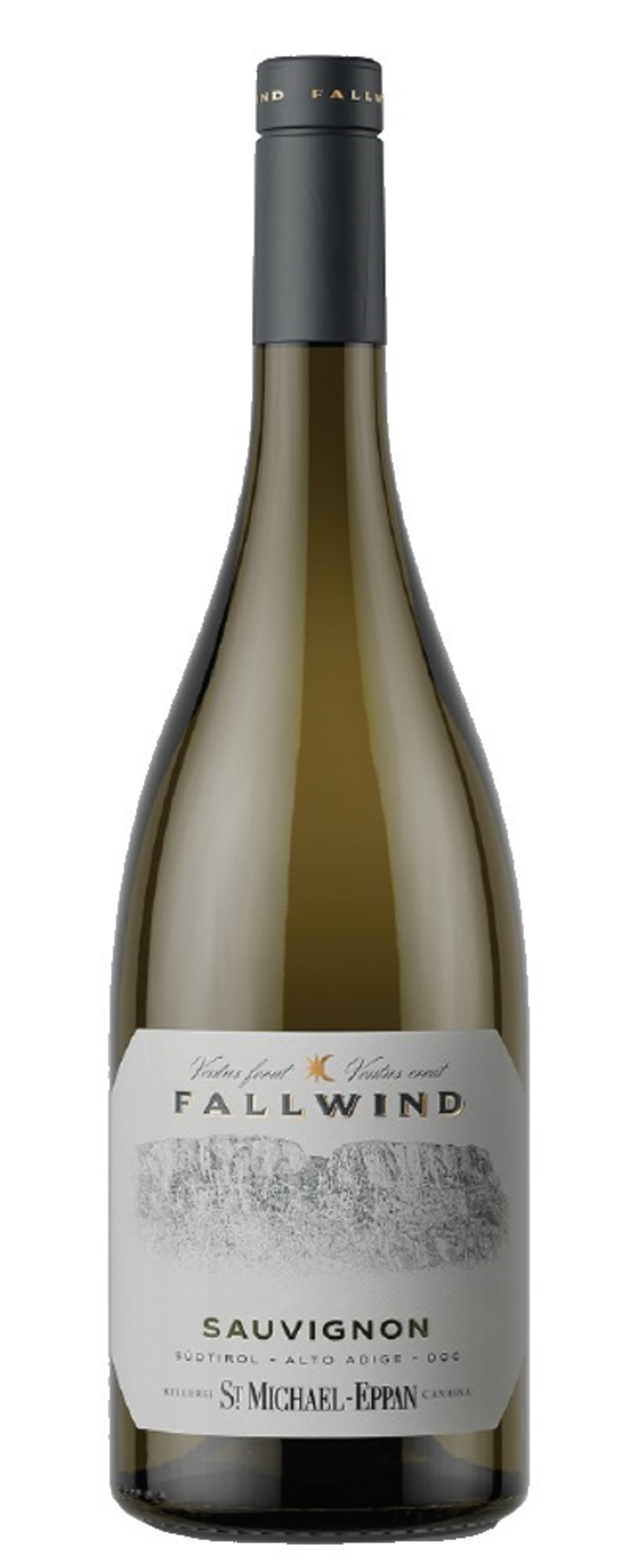 Weinflasche mit der Aufschrift FALLWIND, Sauvignon, St. Michael-Eppan, Südtirol, Alto Adige