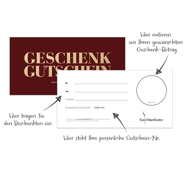 Geschenkgutschein mit Anweisungen zum Ausfüllen und einem Kreis für den Betrag.