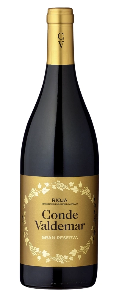 Wein-Flasche, goldene Etikett, Conde Valdemar Gran Reserva, Rioja, CV