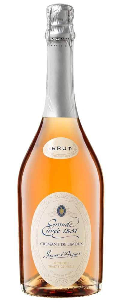 Eine Flasche Rosé-Sekt mit der Aufschrift 'Brut' und 'Crémant de Limoux'